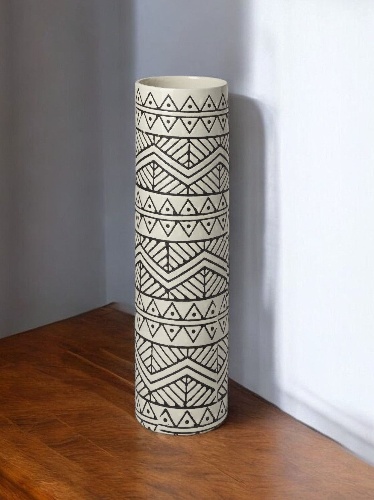 14" Cream Geometric Cylinder Ceramic Table Vase-0
